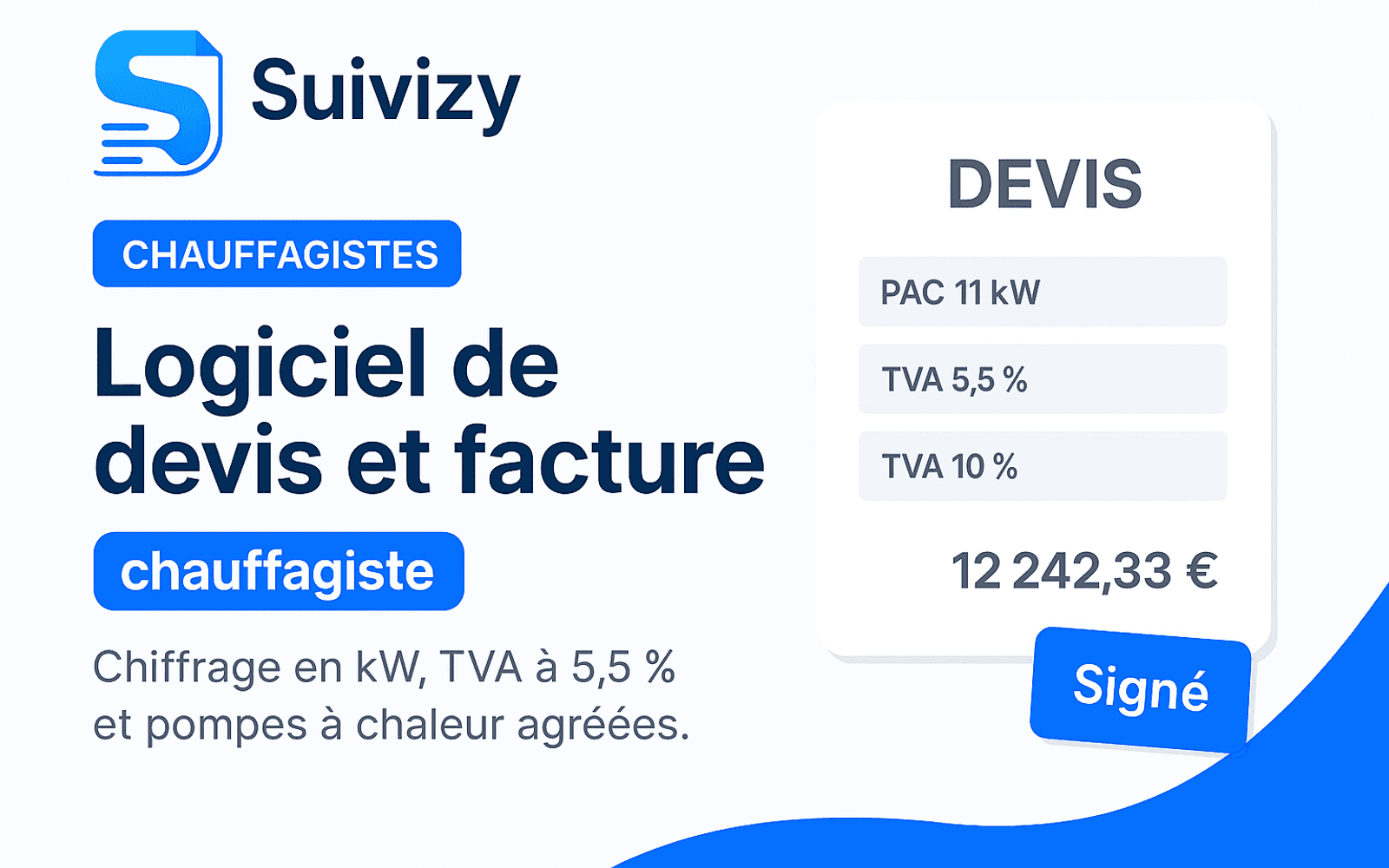 Illustration Suivizy : Logiciel de devis et facture — chauffagiste. Chiffrage en kW, TVA à 5,5 % et pompes à chaleur agréées.